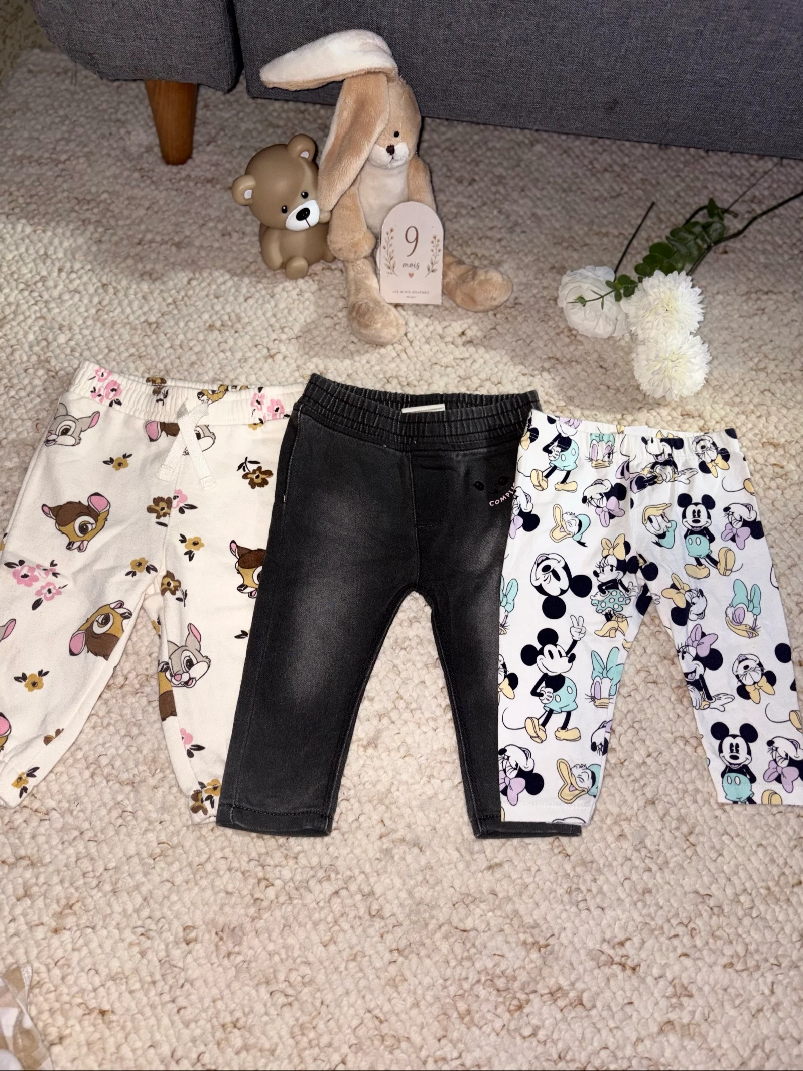 🎀 Lot de 3 pantalons fille – 9 mois